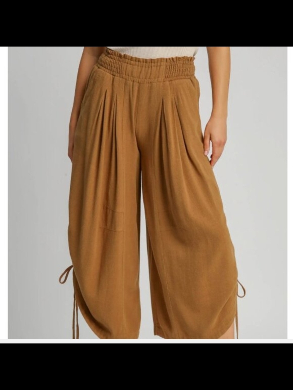 Relaxed Wide Adjustable Cinch Leg Linen Crop Pants in Camel